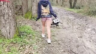 A cute girl has sex with her neighbor in the forest, showcasing risky outdoor encounters