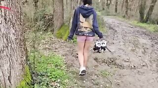 A cute girl has sex with her neighbor in the forest, showcasing risky outdoor encounters