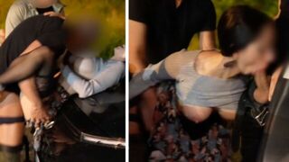 A girl is having fun with three guys in the car, it's her first experience