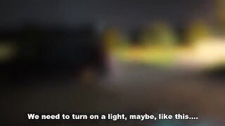 A girl is having fun with three guys in the car, it's her first experience