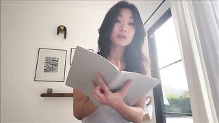 Asian nerdy girl shares a bed with her stepbrother during their study break