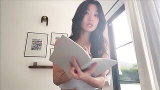 Asian nerdy girl shares a bed with her stepbrother during their study break