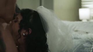 A brunette with a tattoo licks her boyfriend's cock slowly