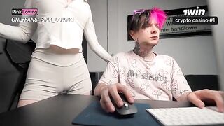 A girl with big boobs rubs her pussy on the rubbing table