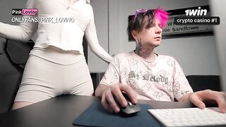 A girl with big boobs rubs her pussy on the rubbing table