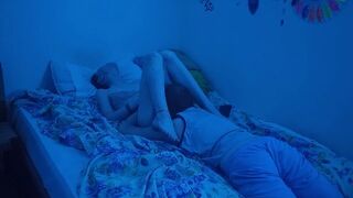 The guy made a splash on the excited girlfriend in the bedroom