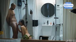 A couple has a passionate encounter in the shower, with intense action and real chemistry