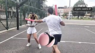 A seductive girl is having fun with her personal trainer