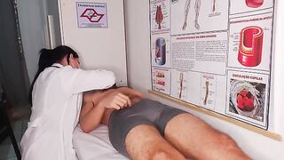 The doctor checked the girl patient more thoroughly in a fake hospital scene