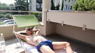Italian slut serves cock on the balcony of her seaside villa