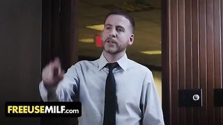 Submissive big tits MILFs get fucked on the desk by their boss in a free use scene