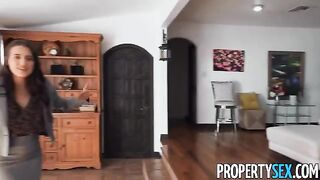 A hot brunette real estate agent convinces a picky client to buy