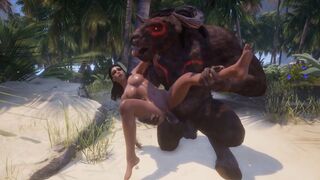 The big-breasted girl is having sex with two monster men who have huge cocks